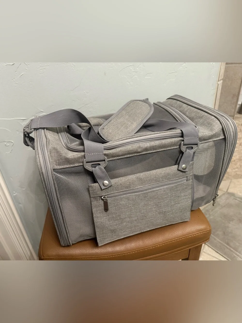 Gray Pet Carrier Travel Bag with Shoulder Strap
